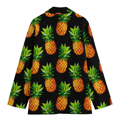 Black Pineapple Pattern Print Women's Cotton Blazer