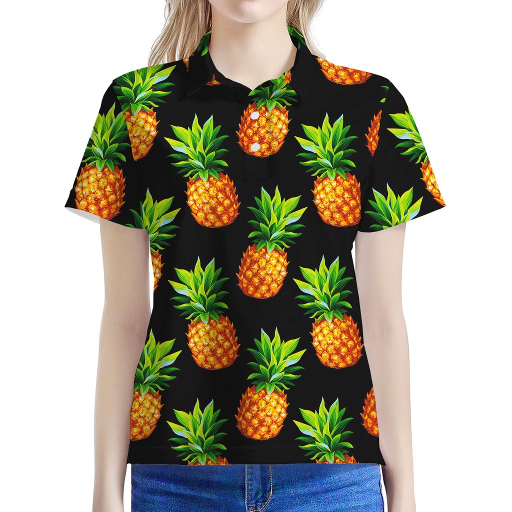 Black Pineapple Pattern Print Women's Polo Shirt
