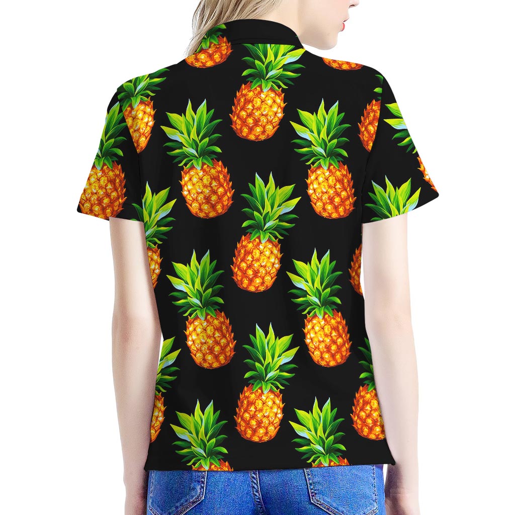 Black Pineapple Pattern Print Women's Polo Shirt