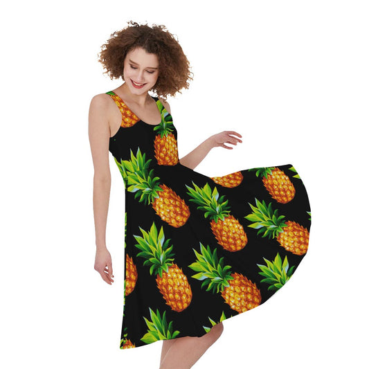 Black Pineapple Pattern Print Women's Sleeveless Dress