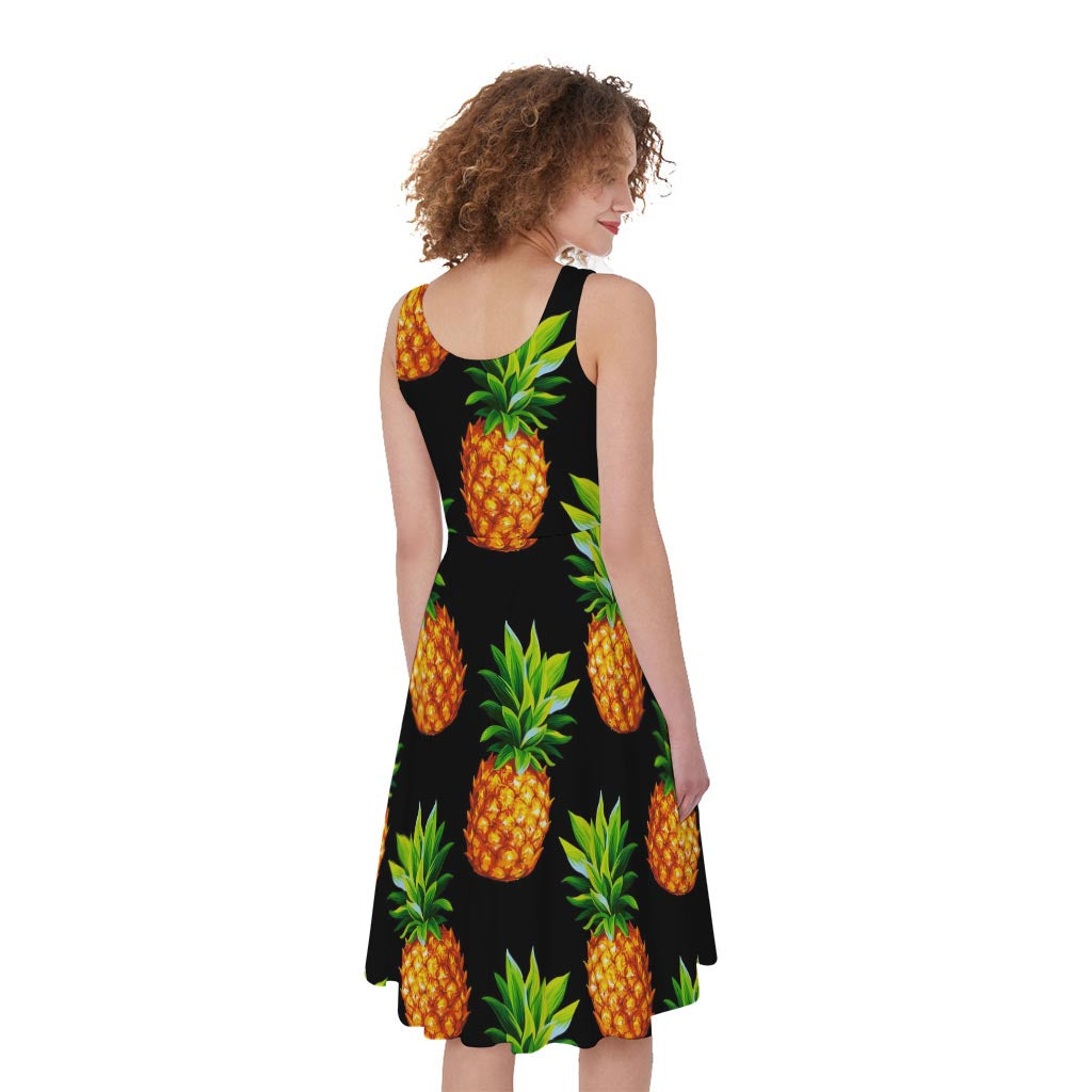Black Pineapple Pattern Print Women's Sleeveless Dress