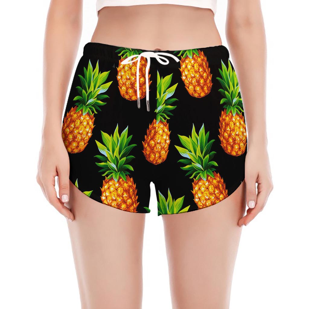 Black Pineapple Pattern Print Women's Split Running Shorts