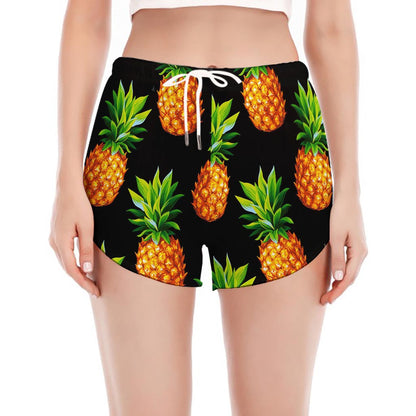 Black Pineapple Pattern Print Women's Split Running Shorts