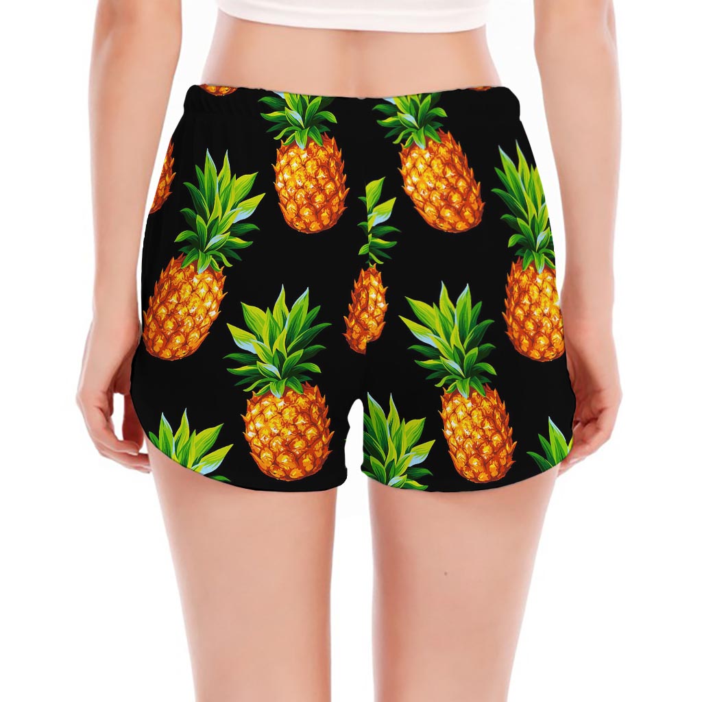 Black Pineapple Pattern Print Women's Split Running Shorts