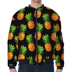 Black Pineapple Pattern Print Zip Sleeve Bomber Jacket