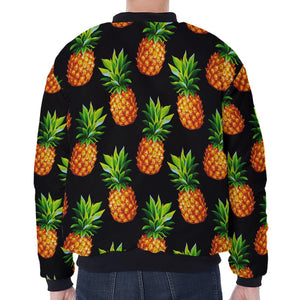 Black Pineapple Pattern Print Zip Sleeve Bomber Jacket