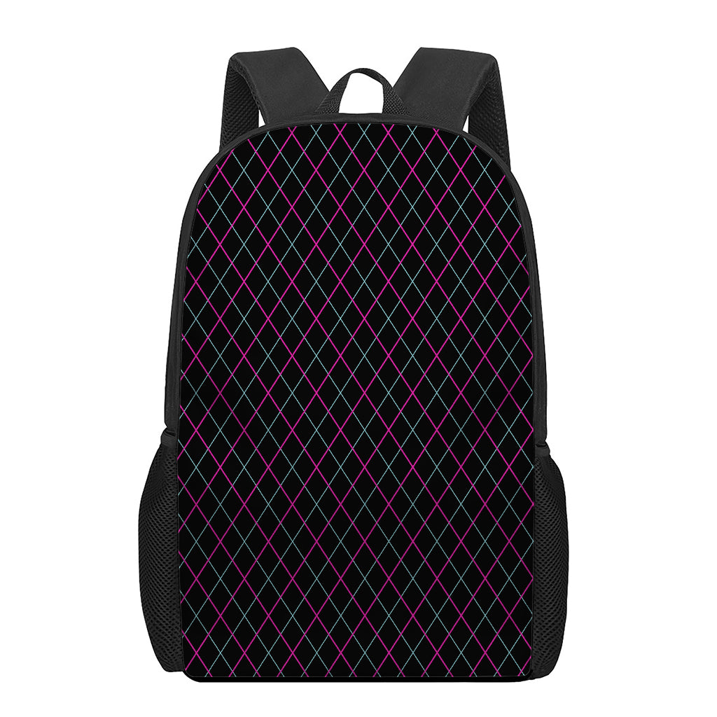 Black Pink And Blue Argyle Pattern Print 17 Inch Backpack