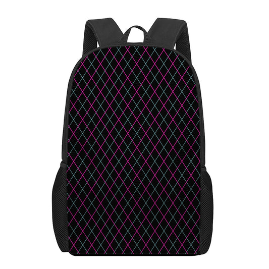 Black Pink And Blue Argyle Pattern Print 17 Inch Backpack