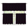 Black Pink And Blue Argyle Pattern Print 3 Piece Kitchen Curtains