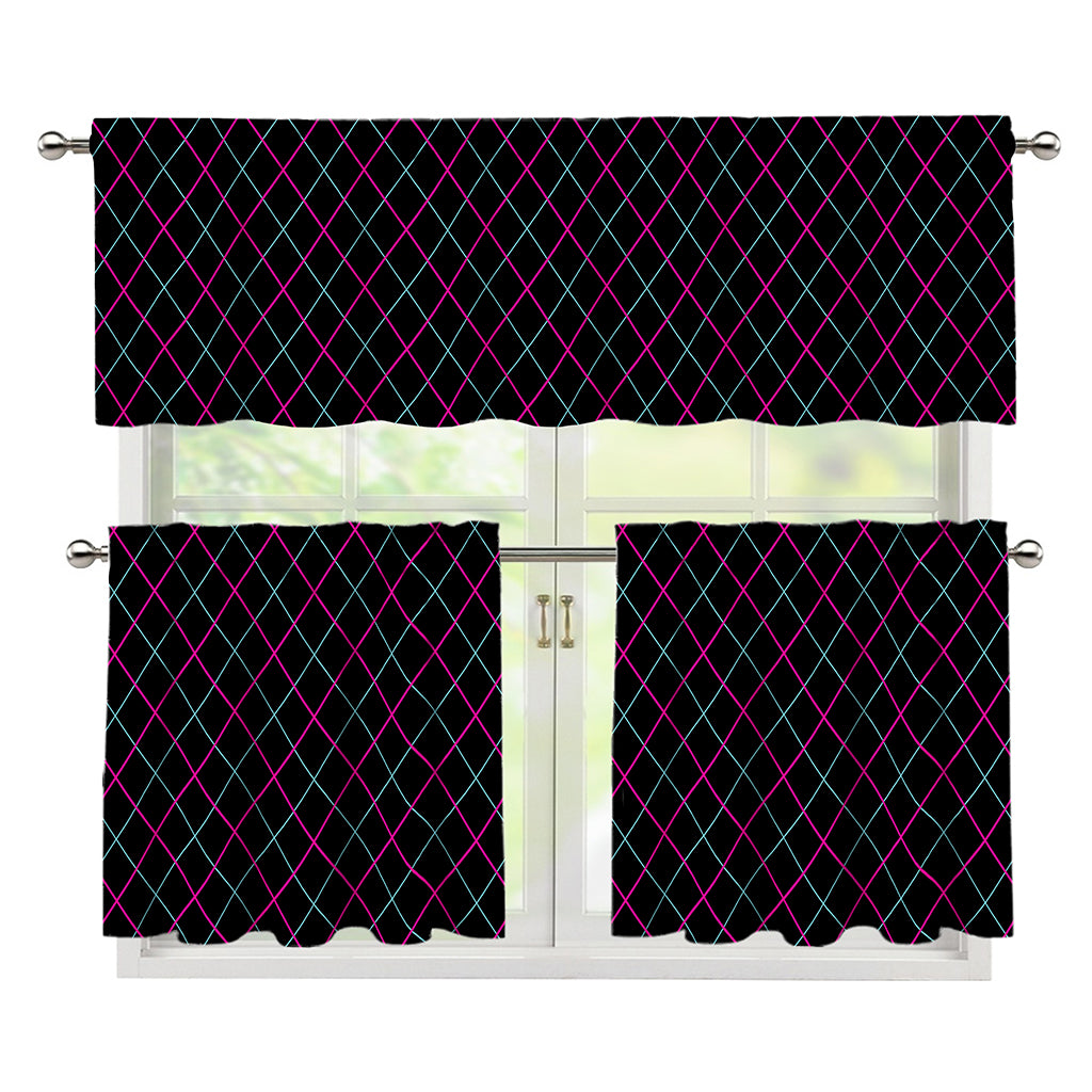 Black Pink And Blue Argyle Pattern Print 3 Piece Kitchen Curtains