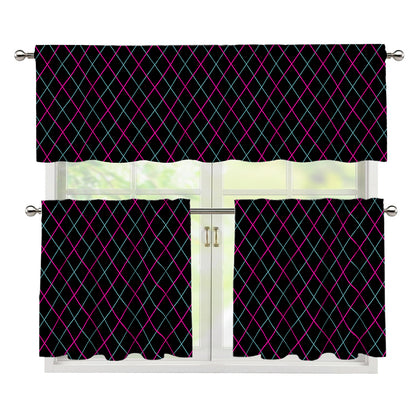 Black Pink And Blue Argyle Pattern Print 3 Piece Kitchen Curtains
