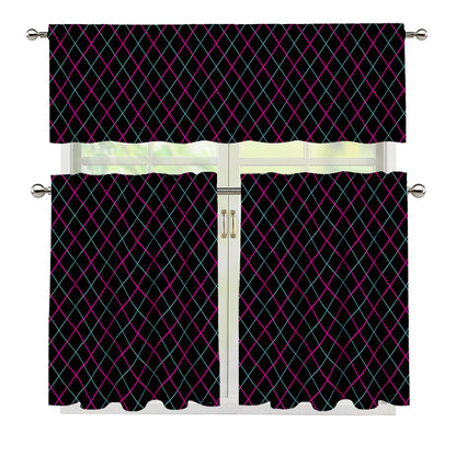 Black Pink And Blue Argyle Pattern Print 3 Piece Kitchen Curtains