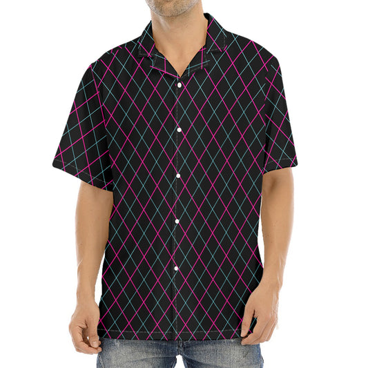 Black Pink And Blue Argyle Pattern Print Aloha Shirt