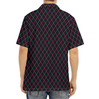 Black Pink And Blue Argyle Pattern Print Aloha Shirt
