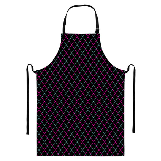 Black Pink And Blue Argyle Pattern Print Bib Apron With Pocket
