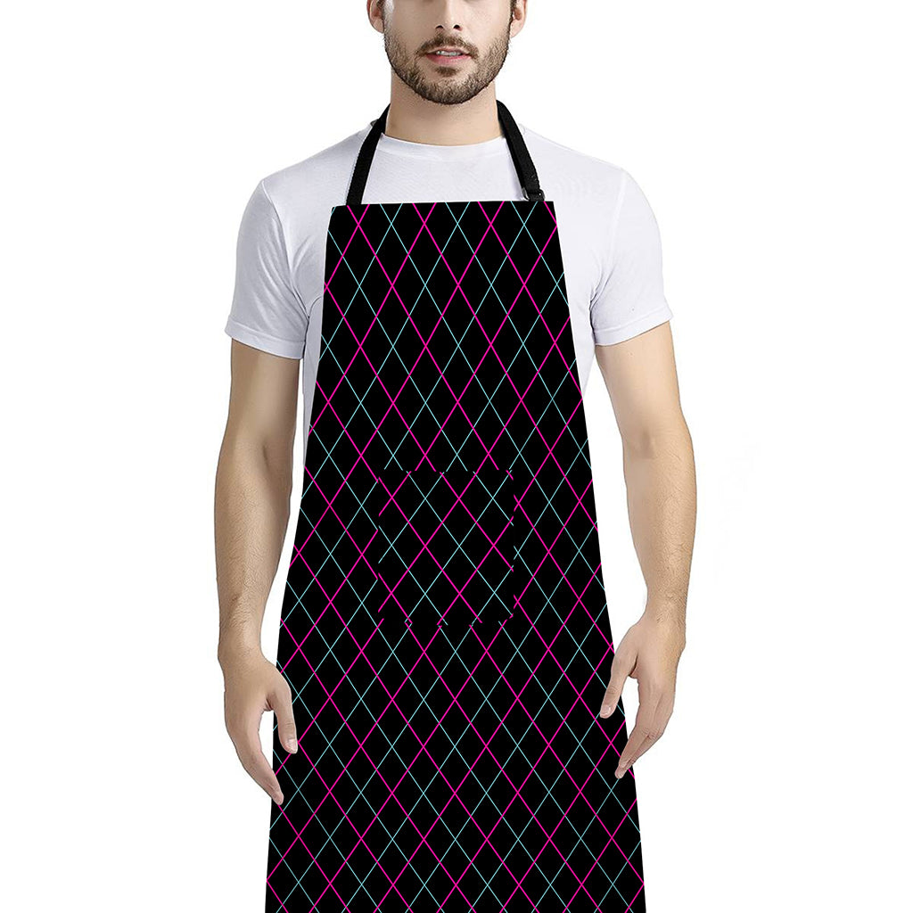 Black Pink And Blue Argyle Pattern Print Bib Apron With Pocket