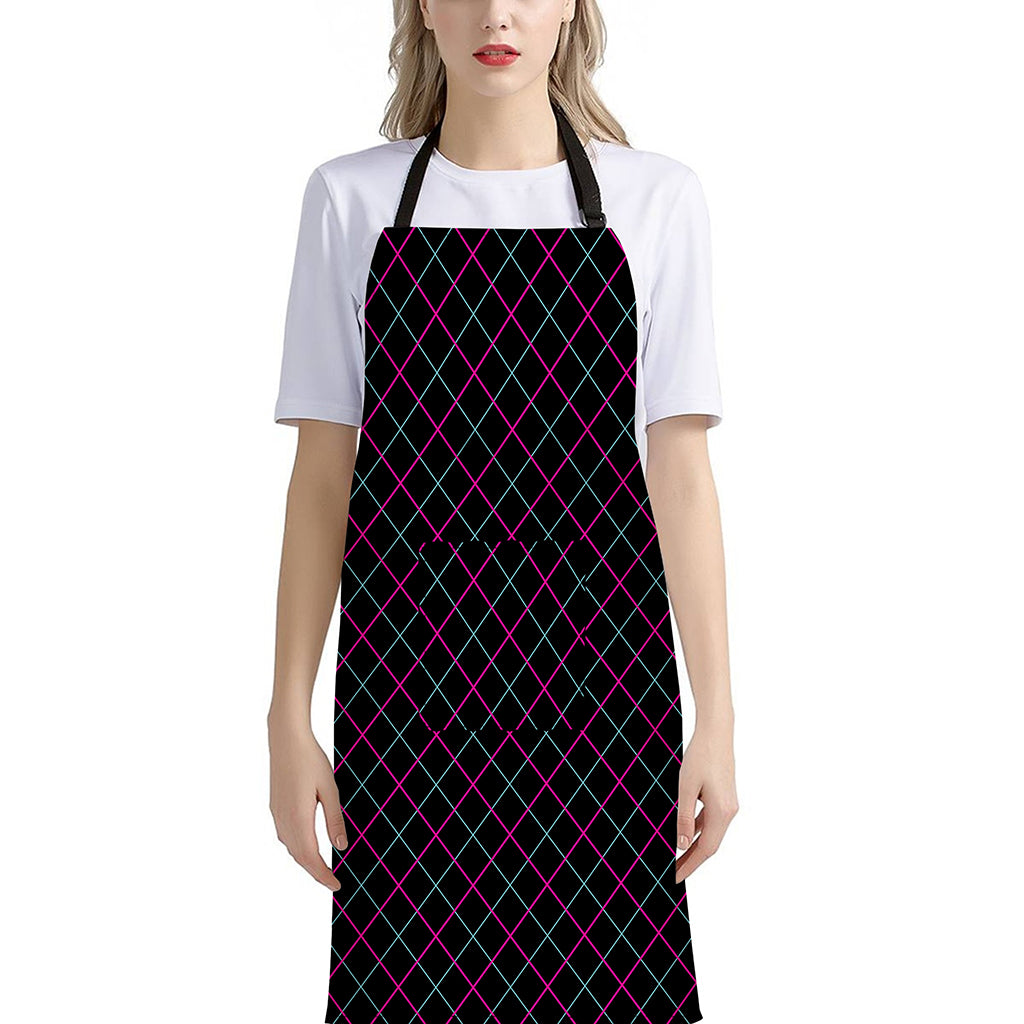 Black Pink And Blue Argyle Pattern Print Bib Apron With Pocket