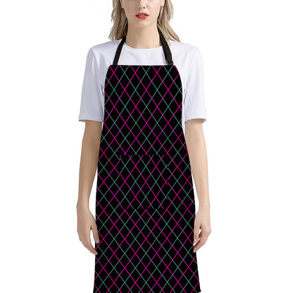 Black Pink And Blue Argyle Pattern Print Bib Apron With Pocket