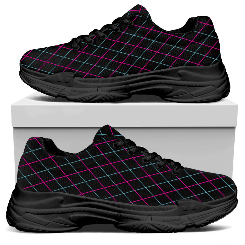 Black Pink And Blue Argyle Pattern Print Black Chunky Shoes