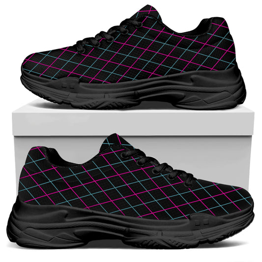Black Pink And Blue Argyle Pattern Print Black Chunky Shoes