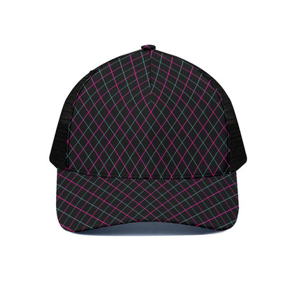 Black Pink And Blue Argyle Pattern Print Black Mesh Trucker Cap