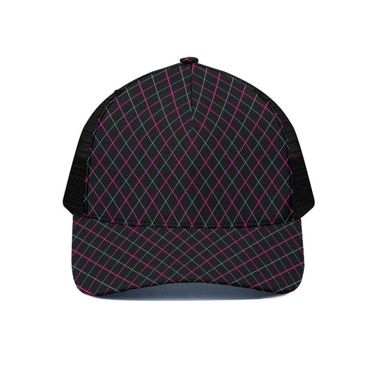 Black Pink And Blue Argyle Pattern Print Black Mesh Trucker Cap