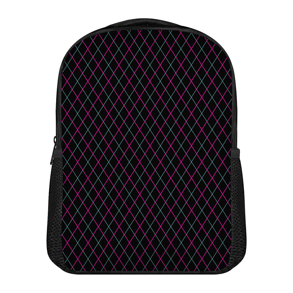 Black Pink And Blue Argyle Pattern Print Casual Backpack