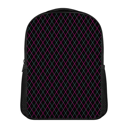 Black Pink And Blue Argyle Pattern Print Casual Backpack