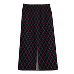 Black Pink And Blue Argyle Pattern Print Cotton Front Slit Maxi Skirt