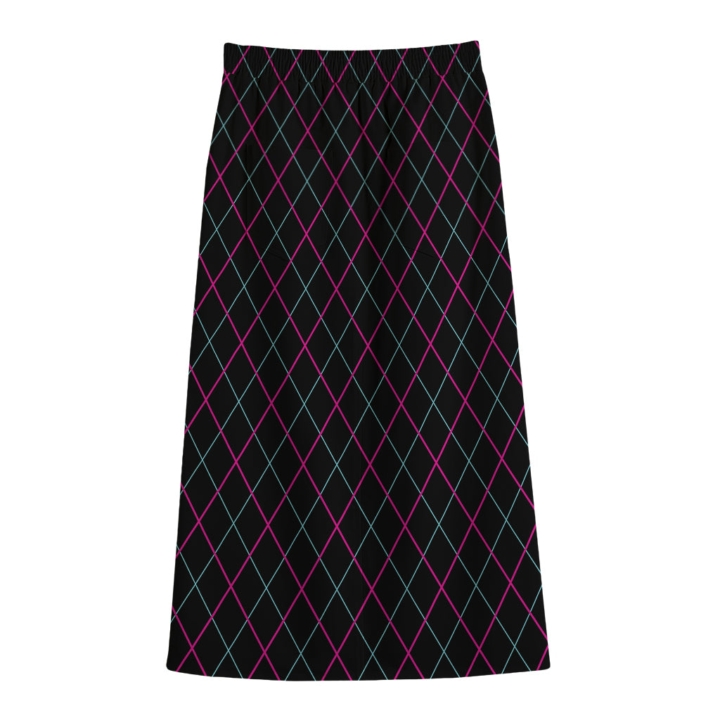 Black Pink And Blue Argyle Pattern Print Cotton Front Slit Maxi Skirt