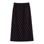 Black Pink And Blue Argyle Pattern Print Cotton Front Slit Maxi Skirt