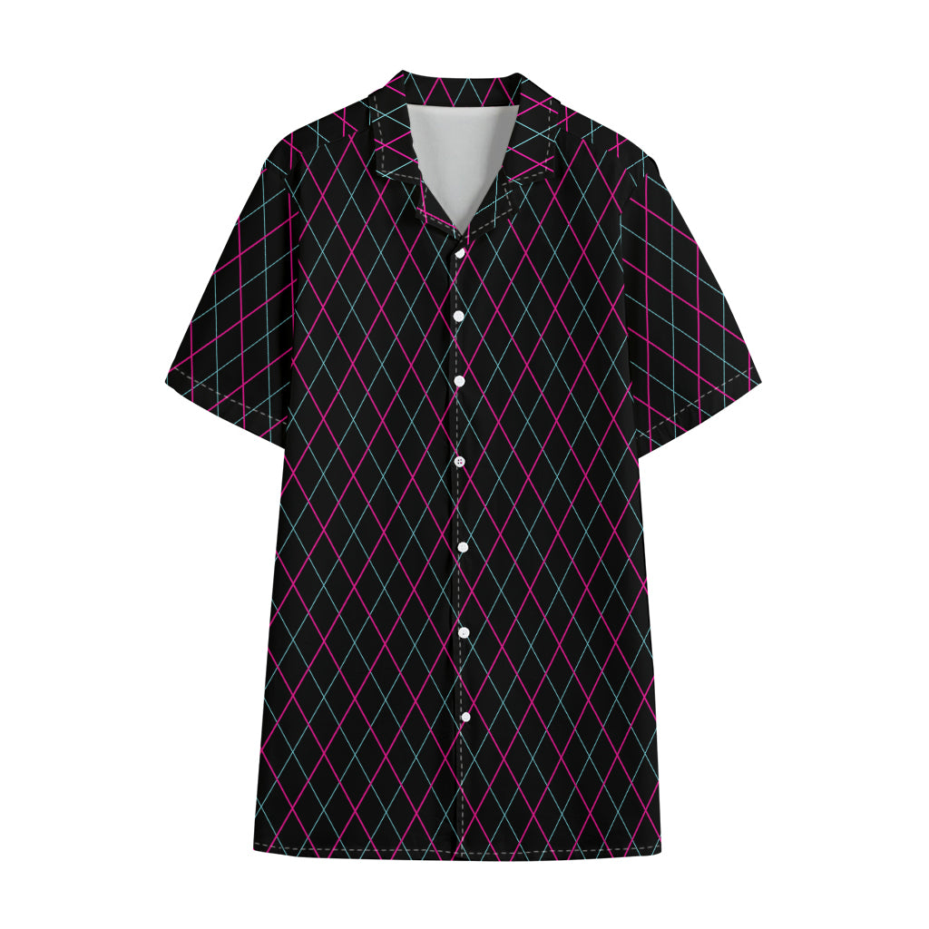 Black Pink And Blue Argyle Pattern Print Cotton Hawaiian Shirt