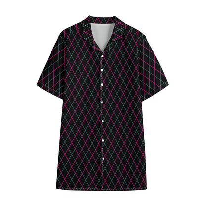 Black Pink And Blue Argyle Pattern Print Cotton Hawaiian Shirt