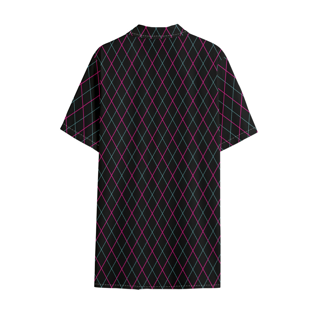Black Pink And Blue Argyle Pattern Print Cotton Hawaiian Shirt
