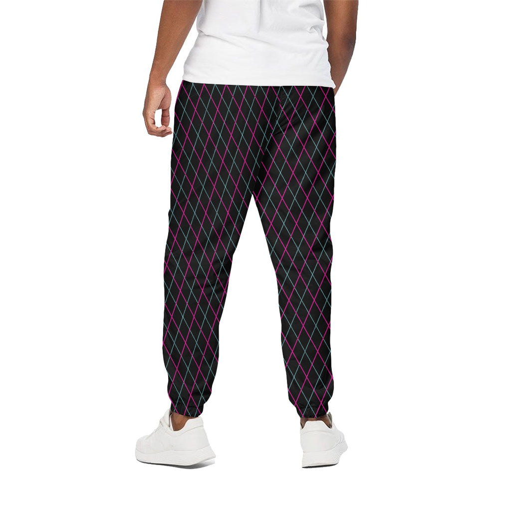 Black Pink And Blue Argyle Pattern Print Cotton Pants