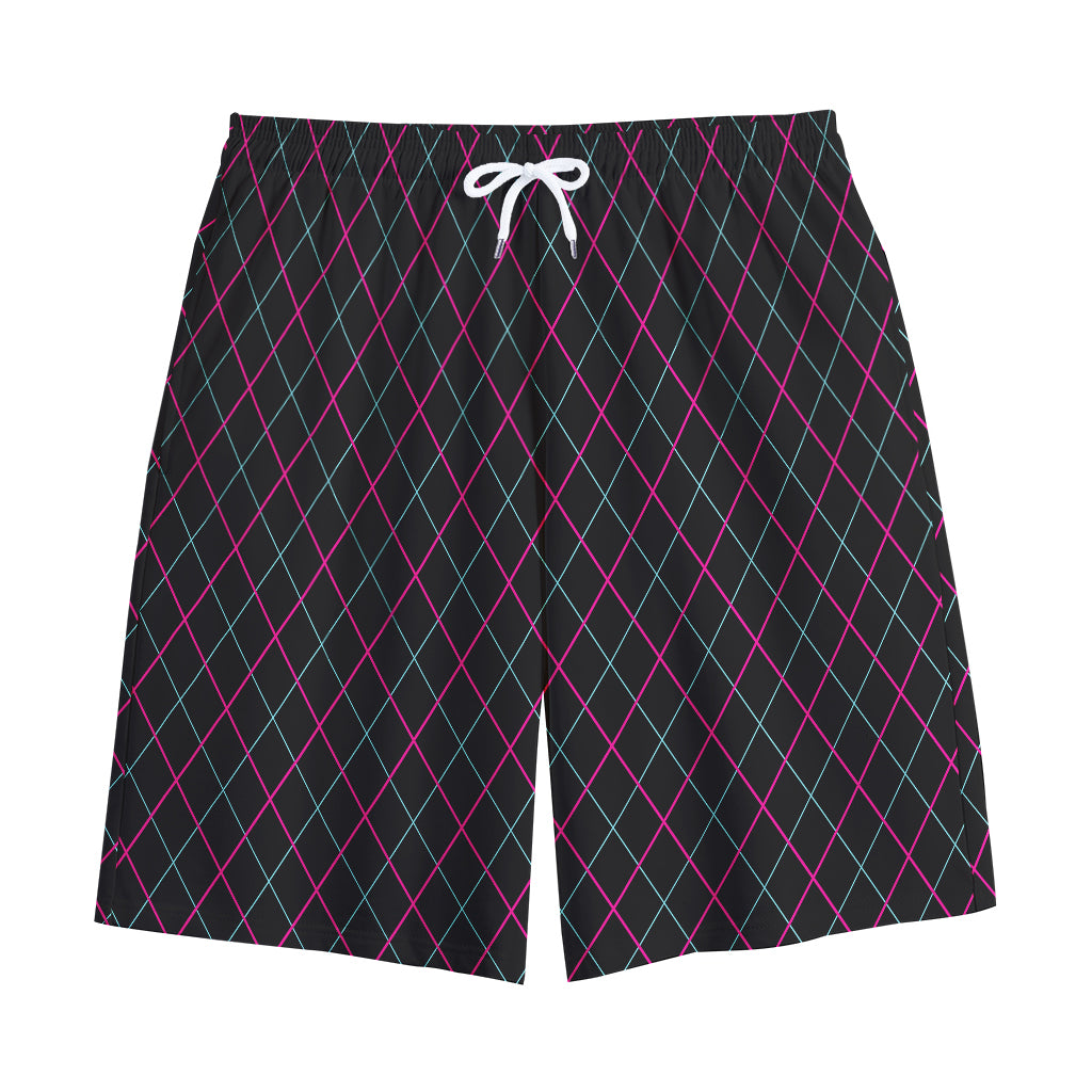Black Pink And Blue Argyle Pattern Print Cotton Shorts