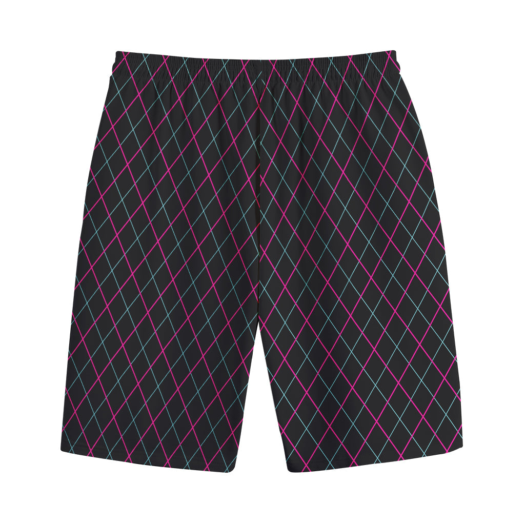 Black Pink And Blue Argyle Pattern Print Cotton Shorts