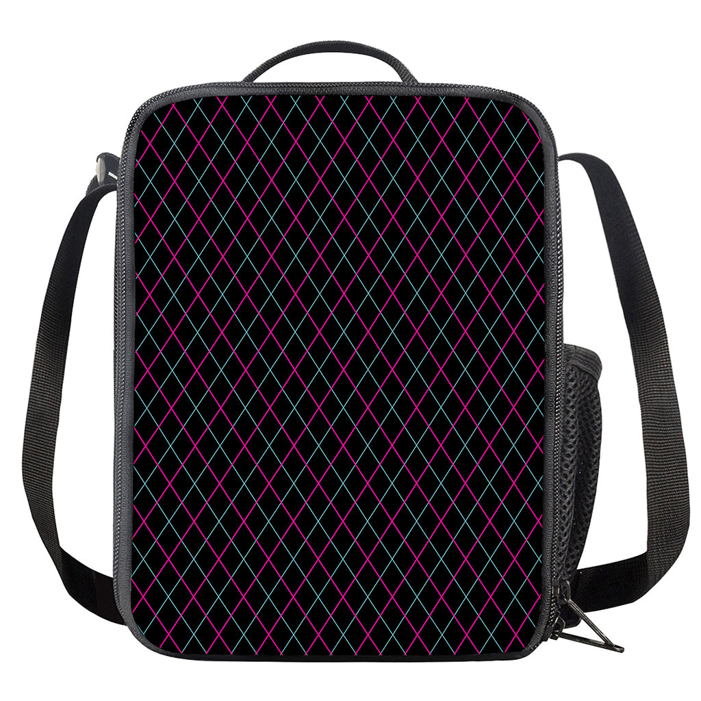 Black Pink And Blue Argyle Pattern Print Crossbody Lunch Bag
