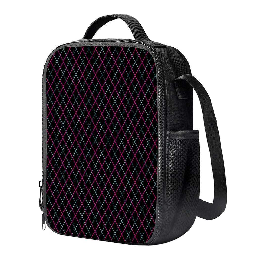 Black Pink And Blue Argyle Pattern Print Crossbody Lunch Bag