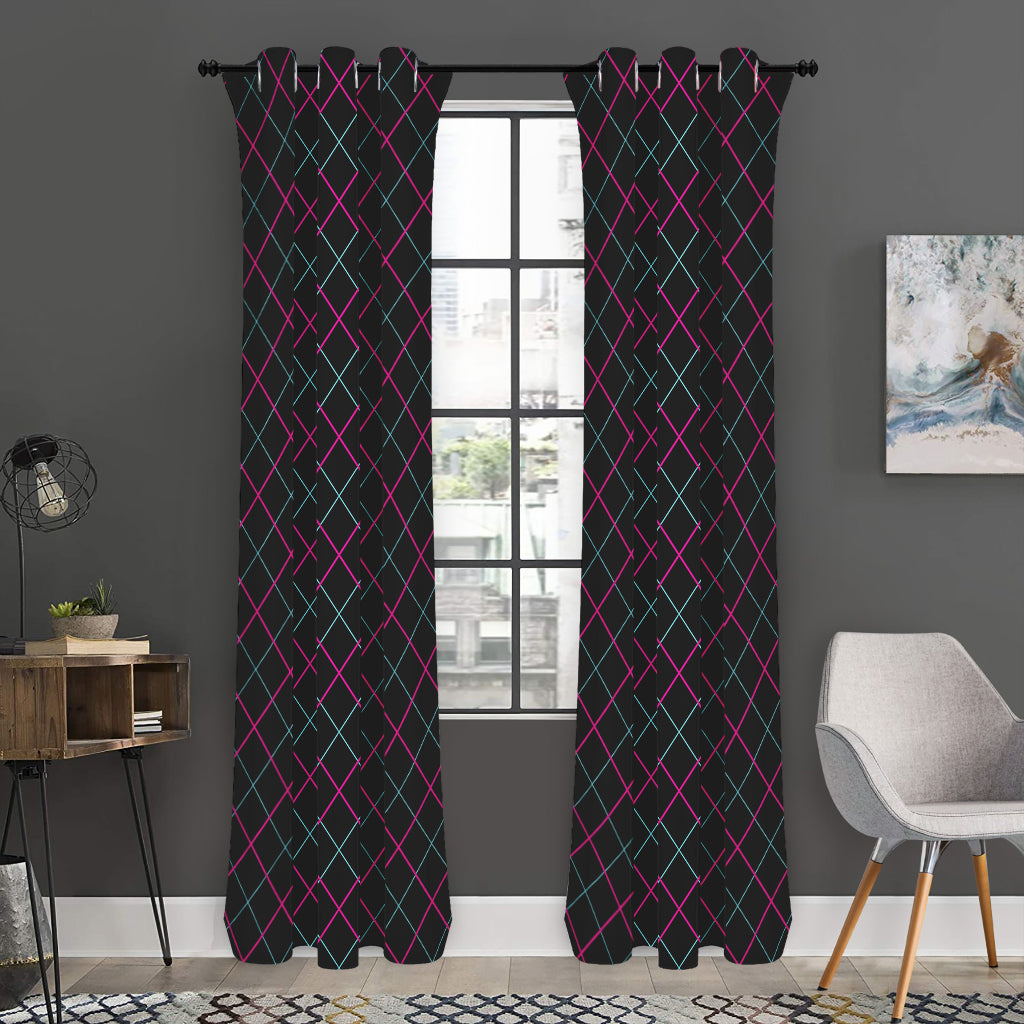 Black Pink And Blue Argyle Pattern Print Curtain