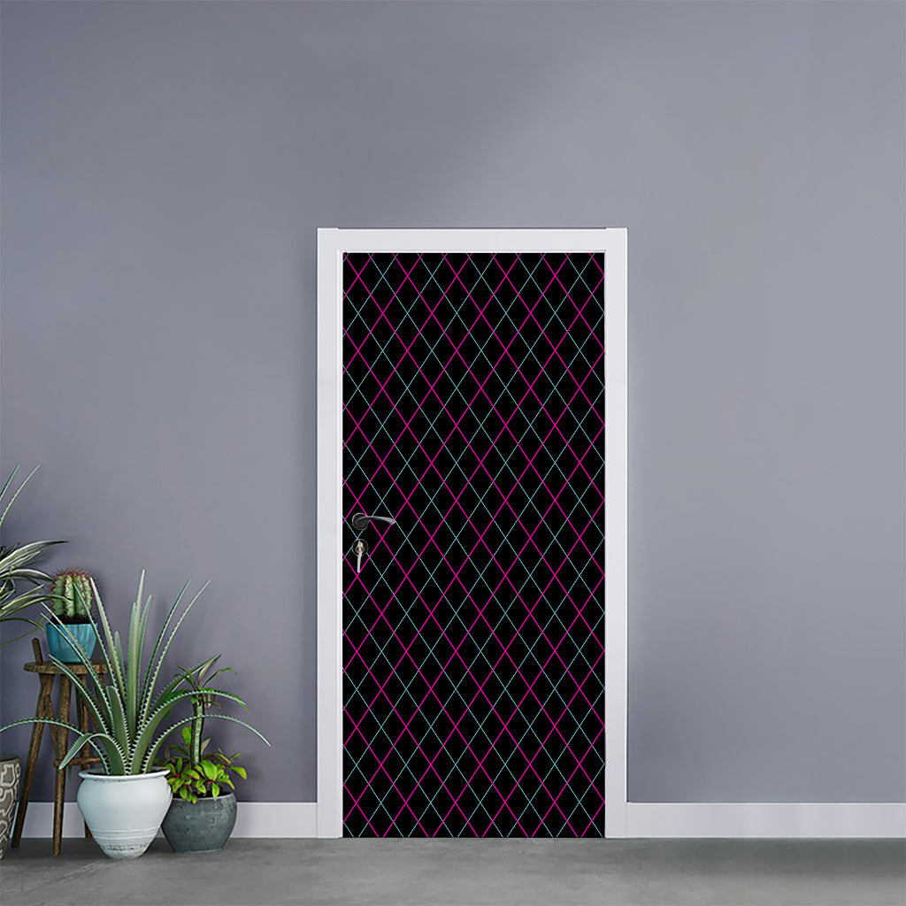 Black Pink And Blue Argyle Pattern Print Door Sticker