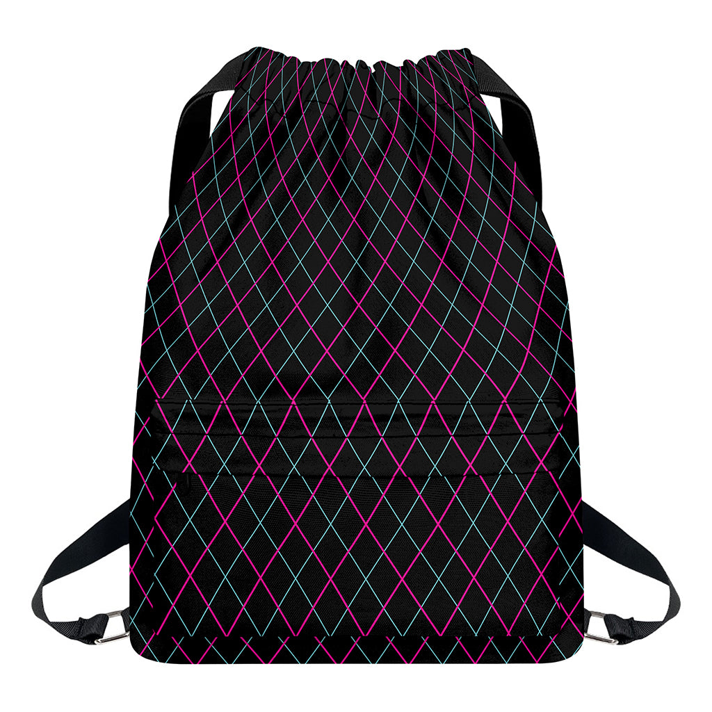 Black Pink And Blue Argyle Pattern Print Drawstring Backpack