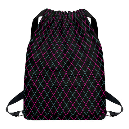 Black Pink And Blue Argyle Pattern Print Drawstring Backpack