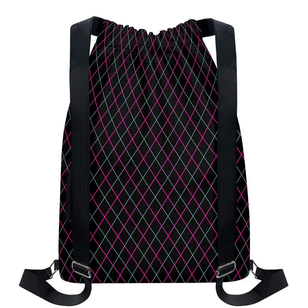 Black Pink And Blue Argyle Pattern Print Drawstring Backpack