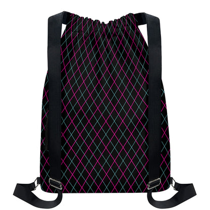 Black Pink And Blue Argyle Pattern Print Drawstring Backpack