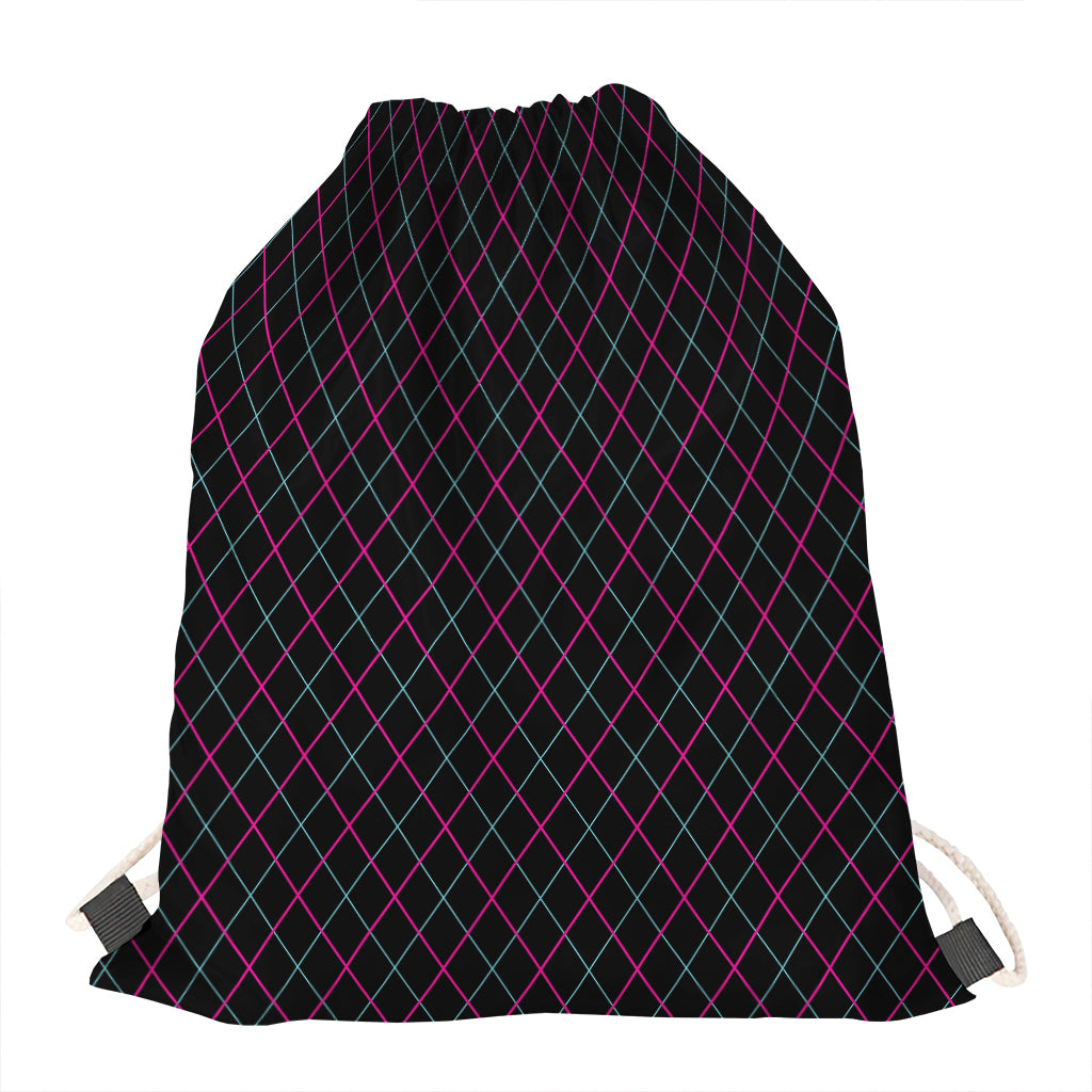 Black Pink And Blue Argyle Pattern Print Drawstring Bag