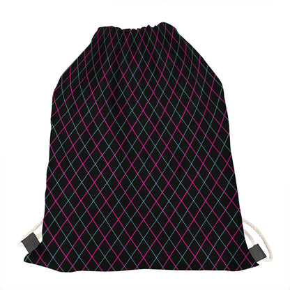 Black Pink And Blue Argyle Pattern Print Drawstring Bag