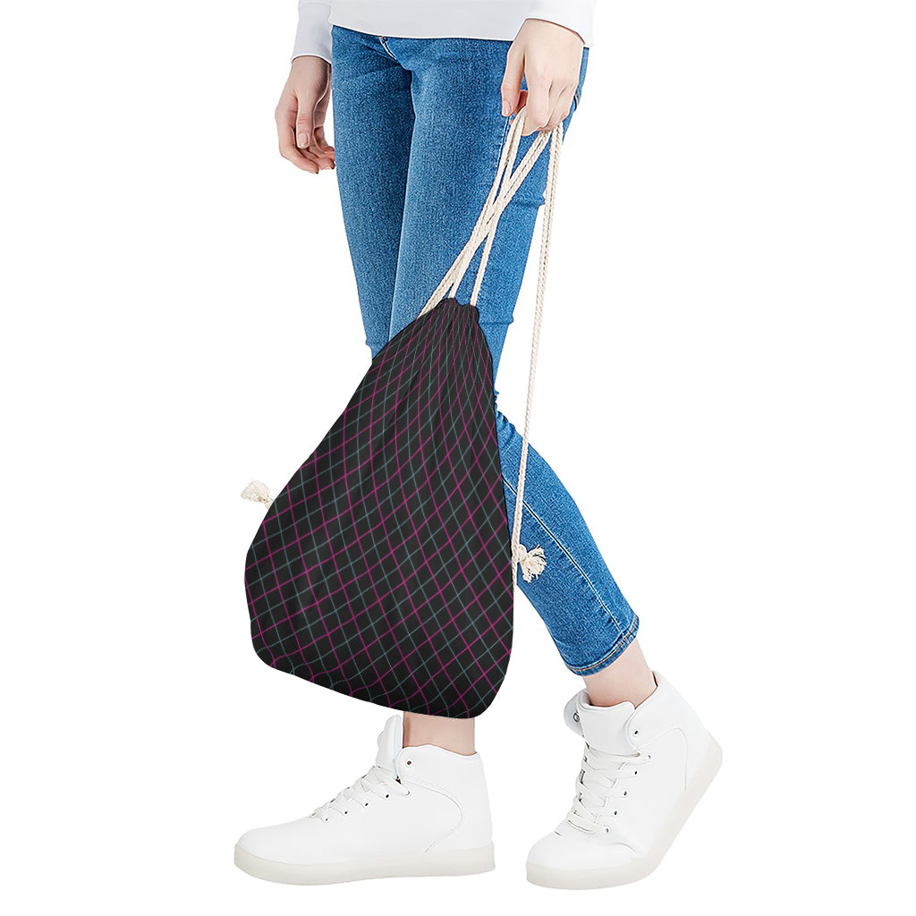 Black Pink And Blue Argyle Pattern Print Drawstring Bag