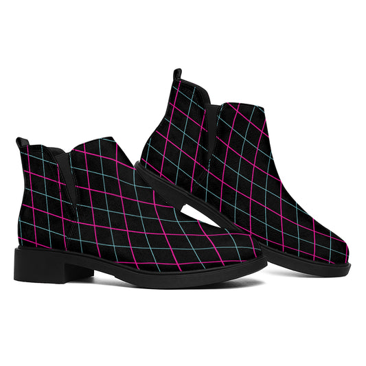 Black Pink And Blue Argyle Pattern Print Flat Ankle Boots