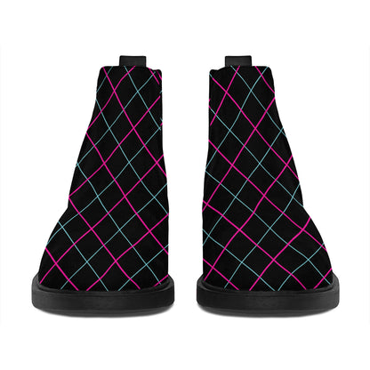 Black Pink And Blue Argyle Pattern Print Flat Ankle Boots